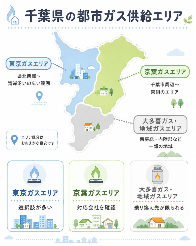 千葉県の都市ガス供給エリアを東京ガスエリア・京葉ガスエリア・大多喜ガスエリアで整理した図解