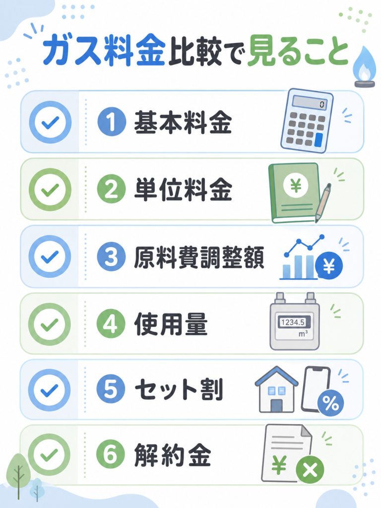 都市ガス料金を比較するときに確認したい基本料金・単位料金・原料費調整額・セット割の図解