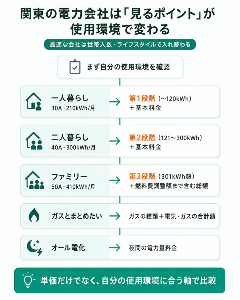 関東の電力会社選びは、一人暮らしは第1段階と基本料金、二人暮らしは第2段階、ファミリーは第3段階と総額など、使用環境で見るべき軸が変わる。