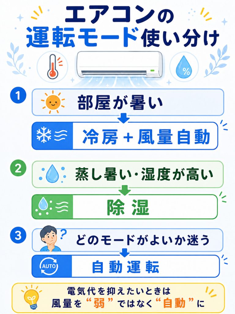 冷房・除湿・自動運転の使い分けを示したチャート