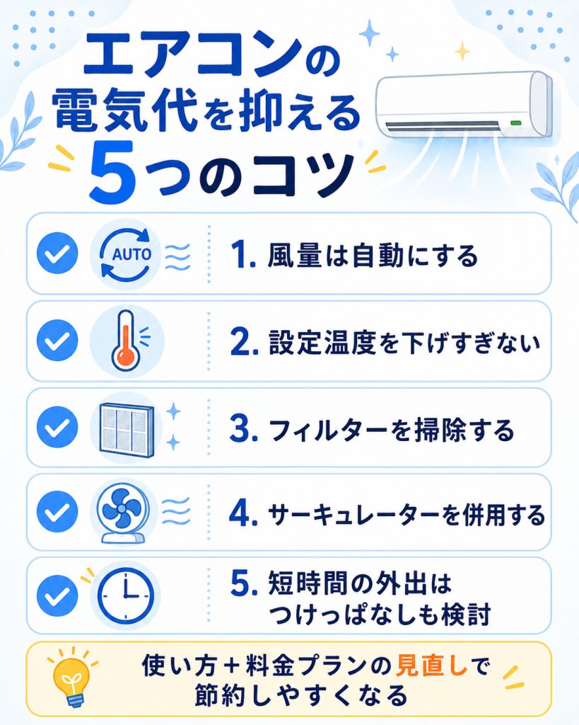 エアコンの電気代を抑える5つのコツをまとめた図