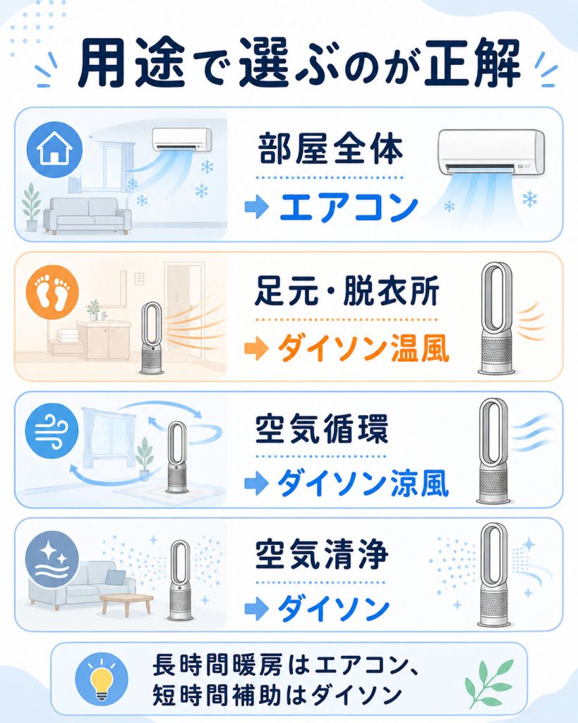 ダイソンホットアンドクールとエアコンの用途別の使い分け