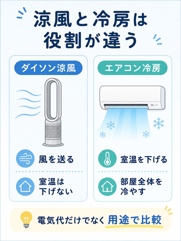 ダイソンの涼風モードは冷房ではなく送風であることを示す図