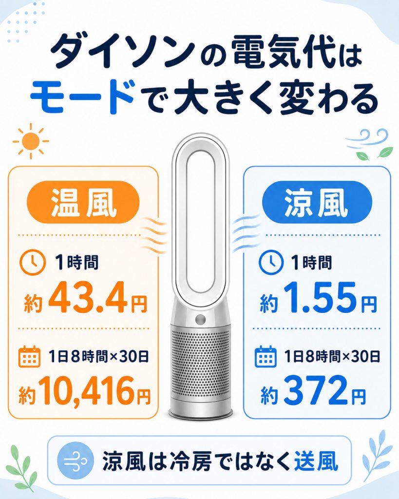 ダイソンホットアンドクールの温風モードと涼風モードの電気代比較