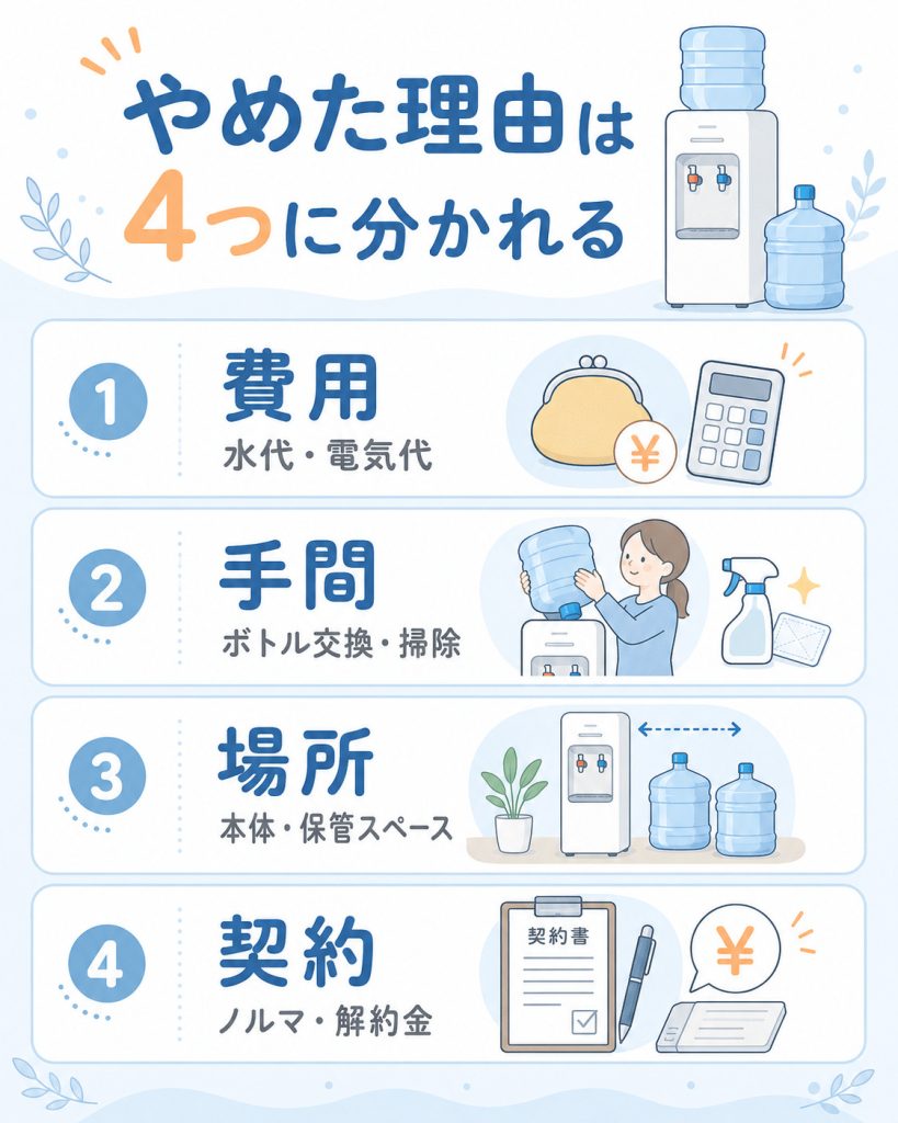 ウォーターサーバーをやめた理由を費用・手間・場所・契約条件に分けた図
