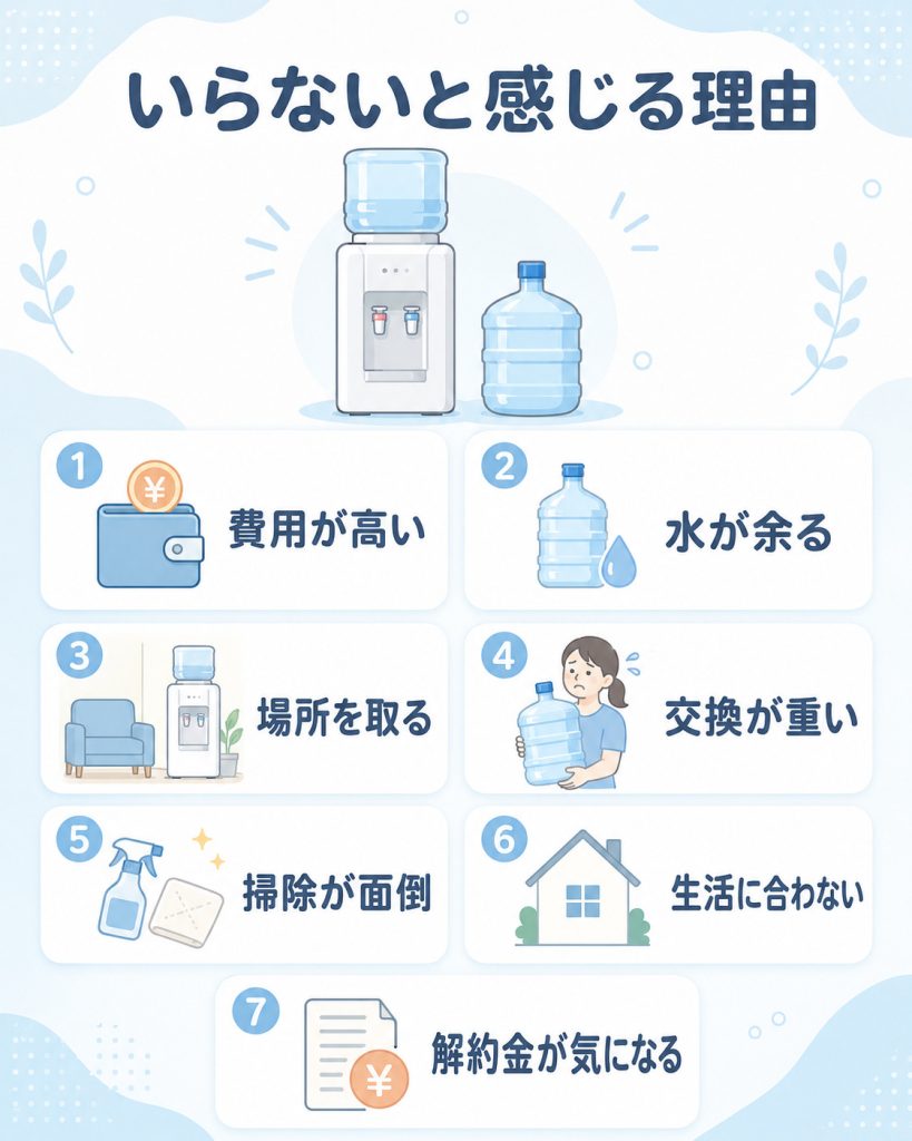 ウォーターサーバーがいらないと感じる理由を費用・水の余り・設置場所などで整理した図