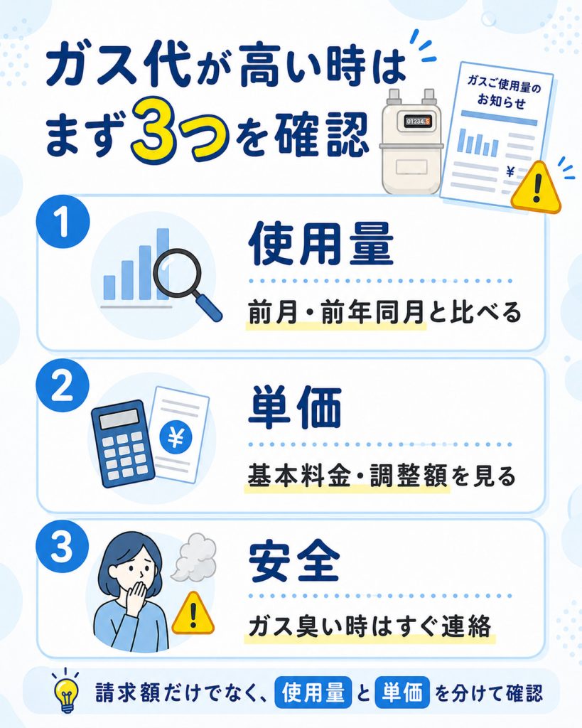 ガス代が高い時に確認する使用量・単価・安全面の3つのポイント