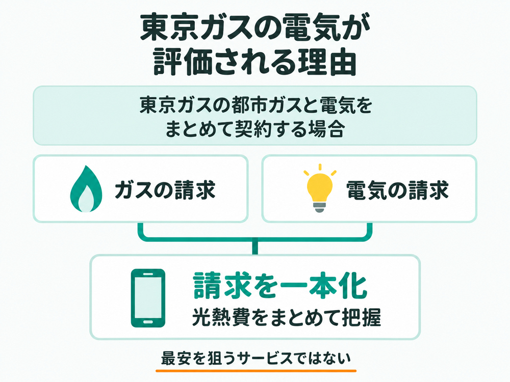 東京ガスの都市ガスと電気の請求を一本化すると光熱費をまとめて把握しやすくなり、東京ガスの電気は最安より管理の楽さを重視する人に向いている。