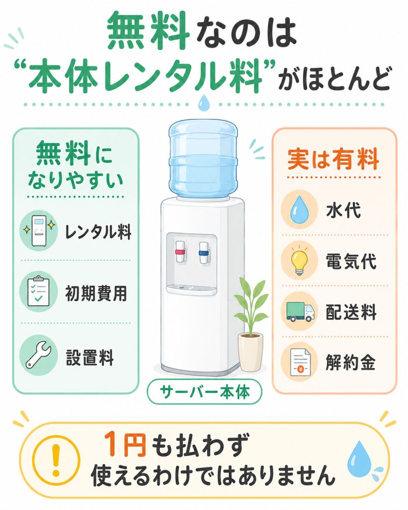 ウォーターサーバーの無料は主に本体レンタル料で、水代や電気代などは別途かかることを示した図解