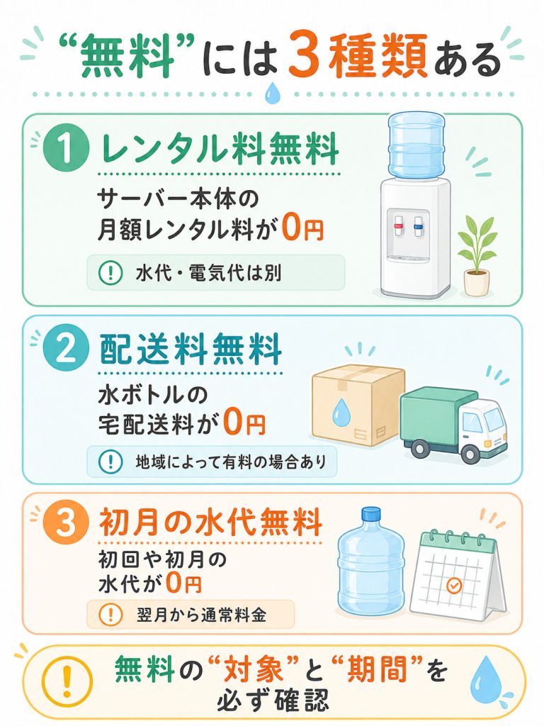 ウォーターサーバー広告の無料にはレンタル料無料・配送料無料・初月水代無料の3種類があることを比較した図解