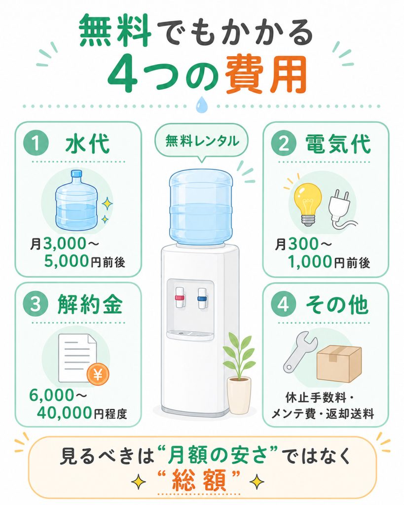 ウォーターサーバーは無料でも水代・電気代・解約金・その他手数料がかかることをまとめた図解