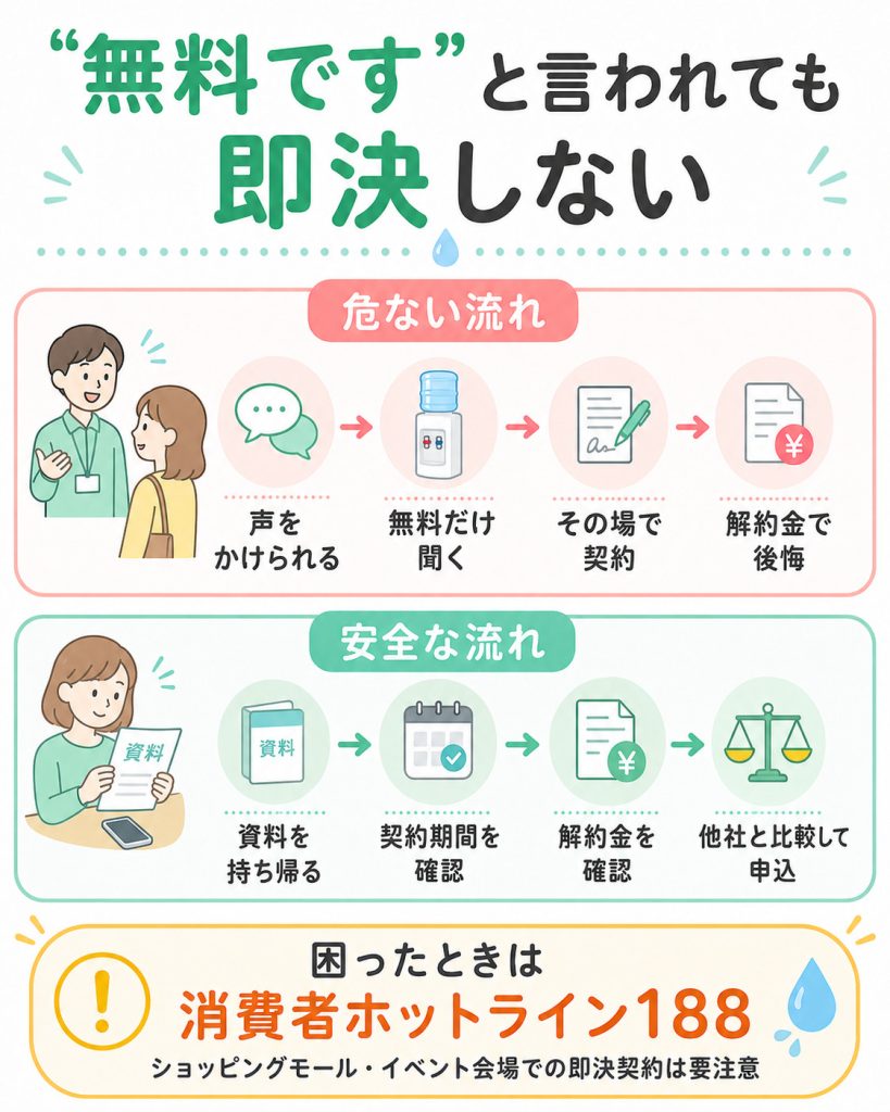 ウォーターサーバーの無料勧誘で即決せず、資料を持ち帰って契約条件を確認する流れを示した図解