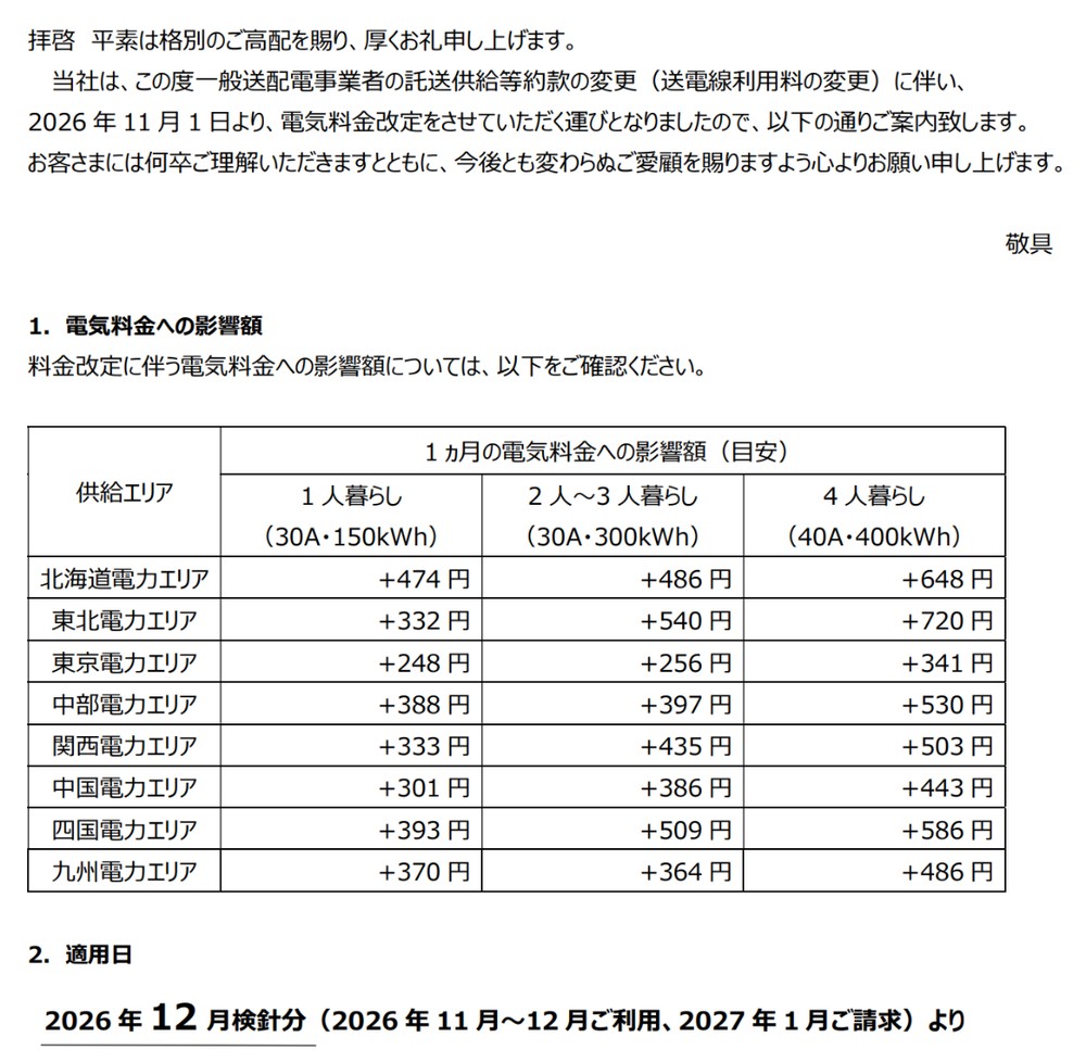TERASELでんき「電気料金改定のご案内」の影響額の表と適用日（2026年12月検針分から）